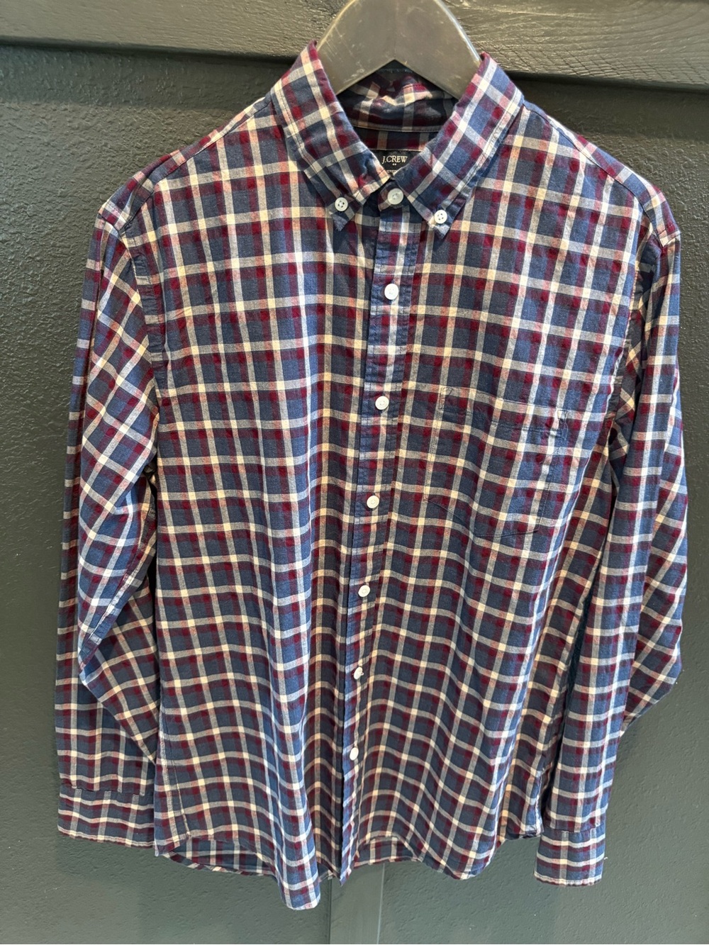 J. Crew Men’s Button-Down Plaid Shirt in Navy, Red, and White